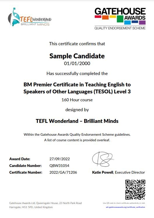 BM Premier Certificate in Teaching English to Speakers of Other Languages (TESOL) Level 3