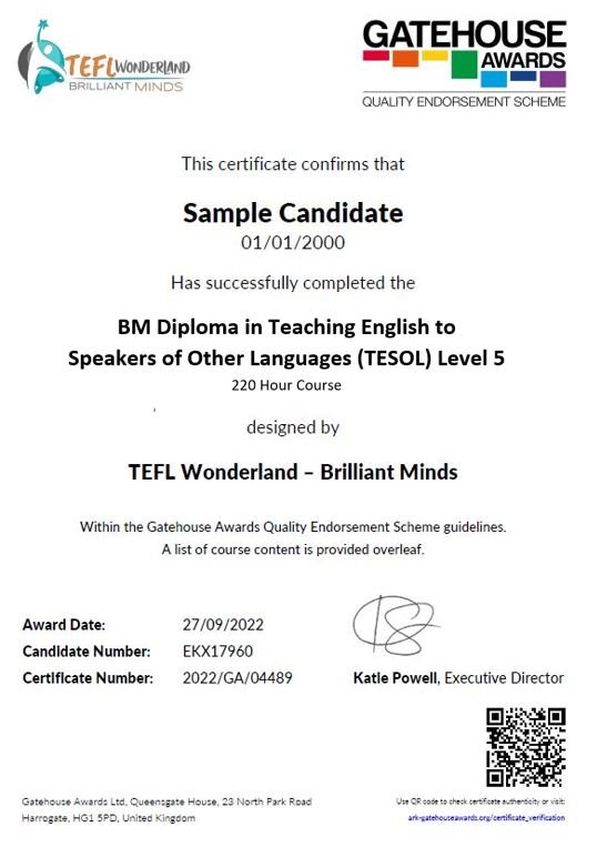 BM Diploma in Teaching English to Speakers of Other Languages (TESOL) Level 5