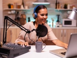 Speaking into microphone