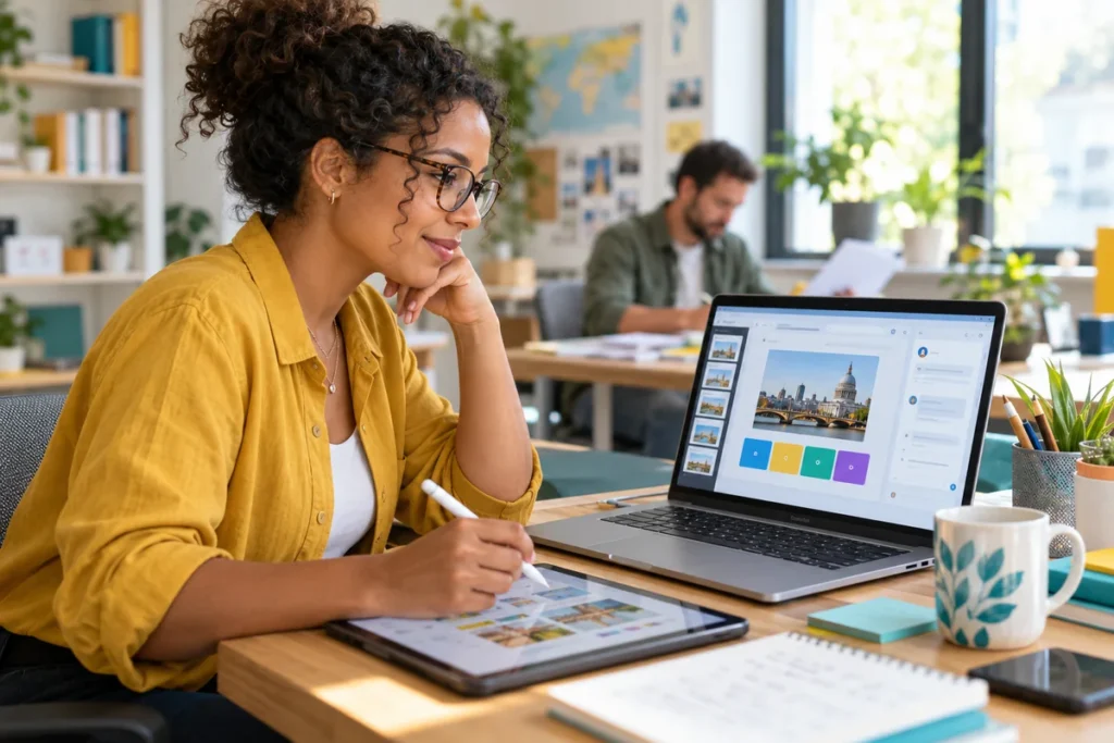 Educator using a laptop and tablet to prepare digital teaching materials.