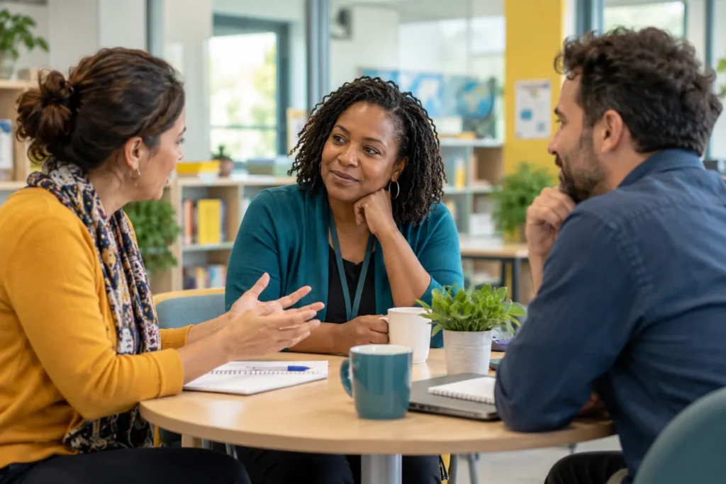Three colleagues listening and discussing ideas around a table.