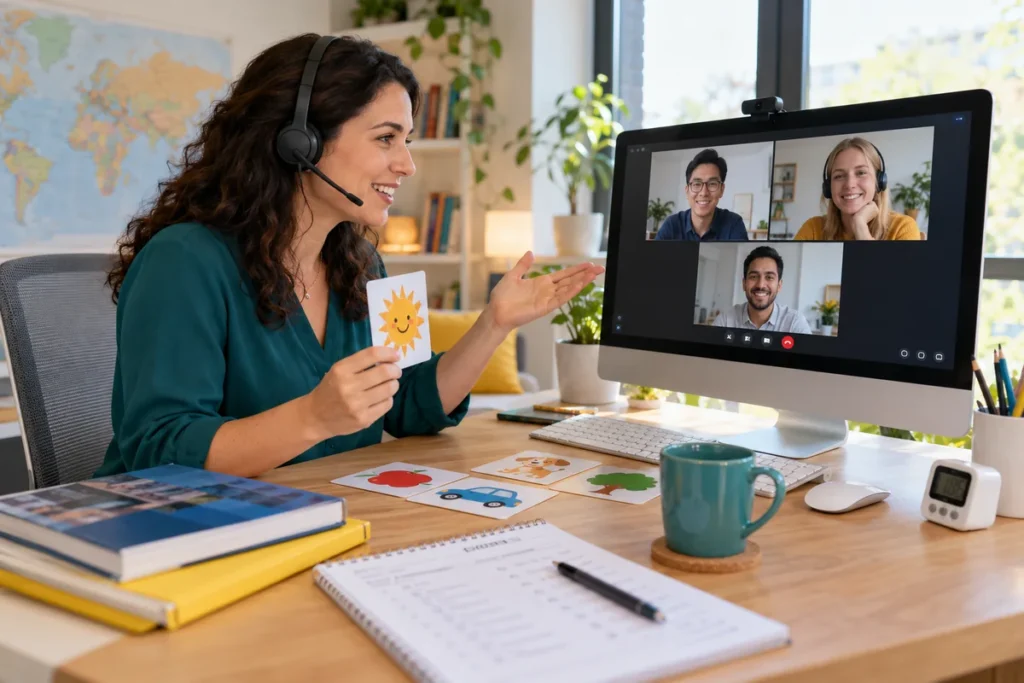 Teacher wearing a headset showing a picture card to adult learners during a video lesson.