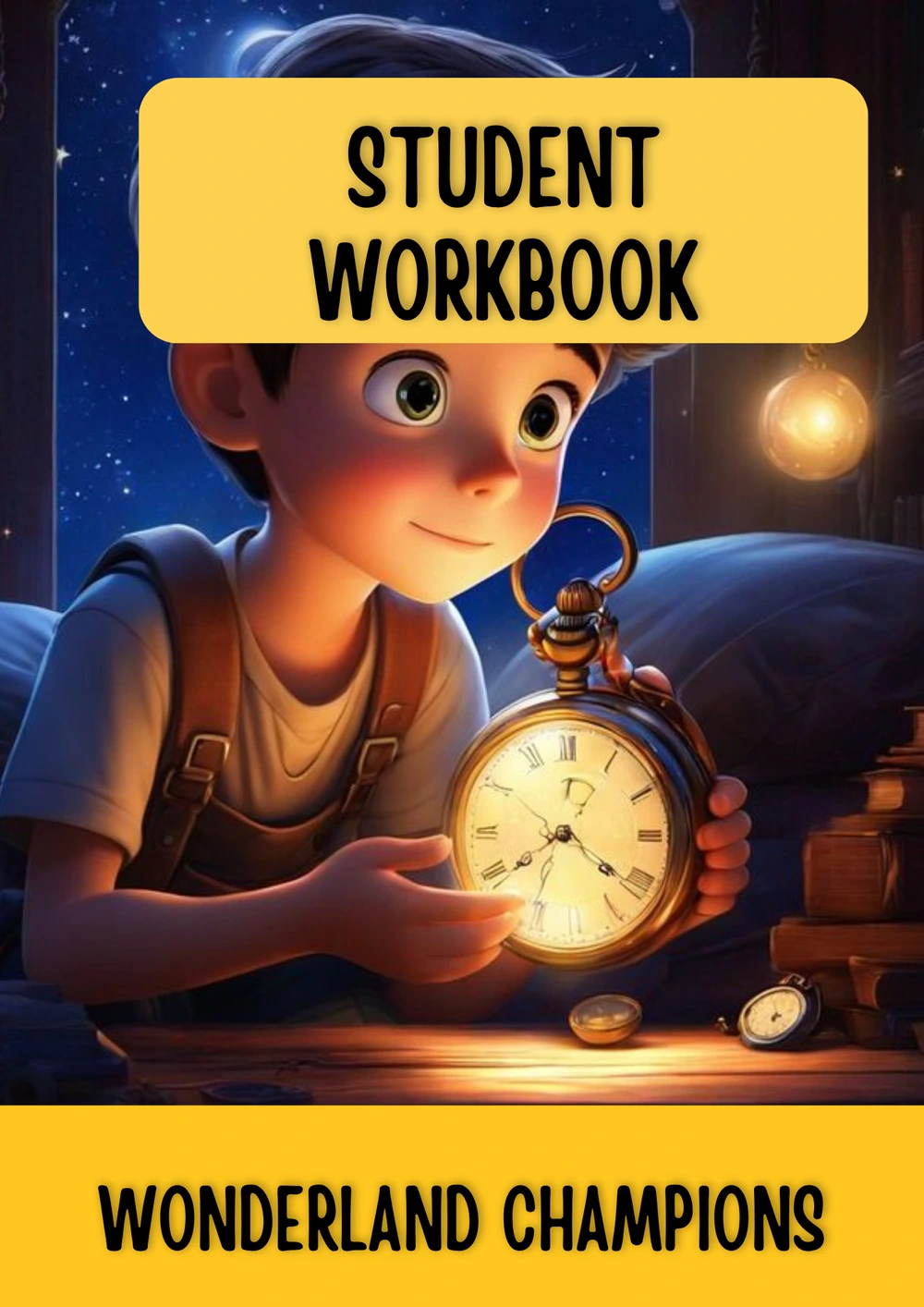 Wonderland Champions Student Workbook cover showing an illustrated child looking at a glowing pocket watch.