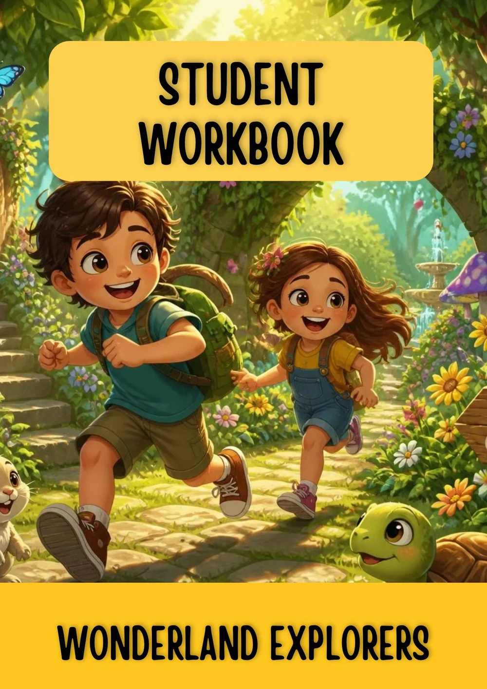 Wonderland Explorers Student Workbook cover showing two children running along a leafy forest path.