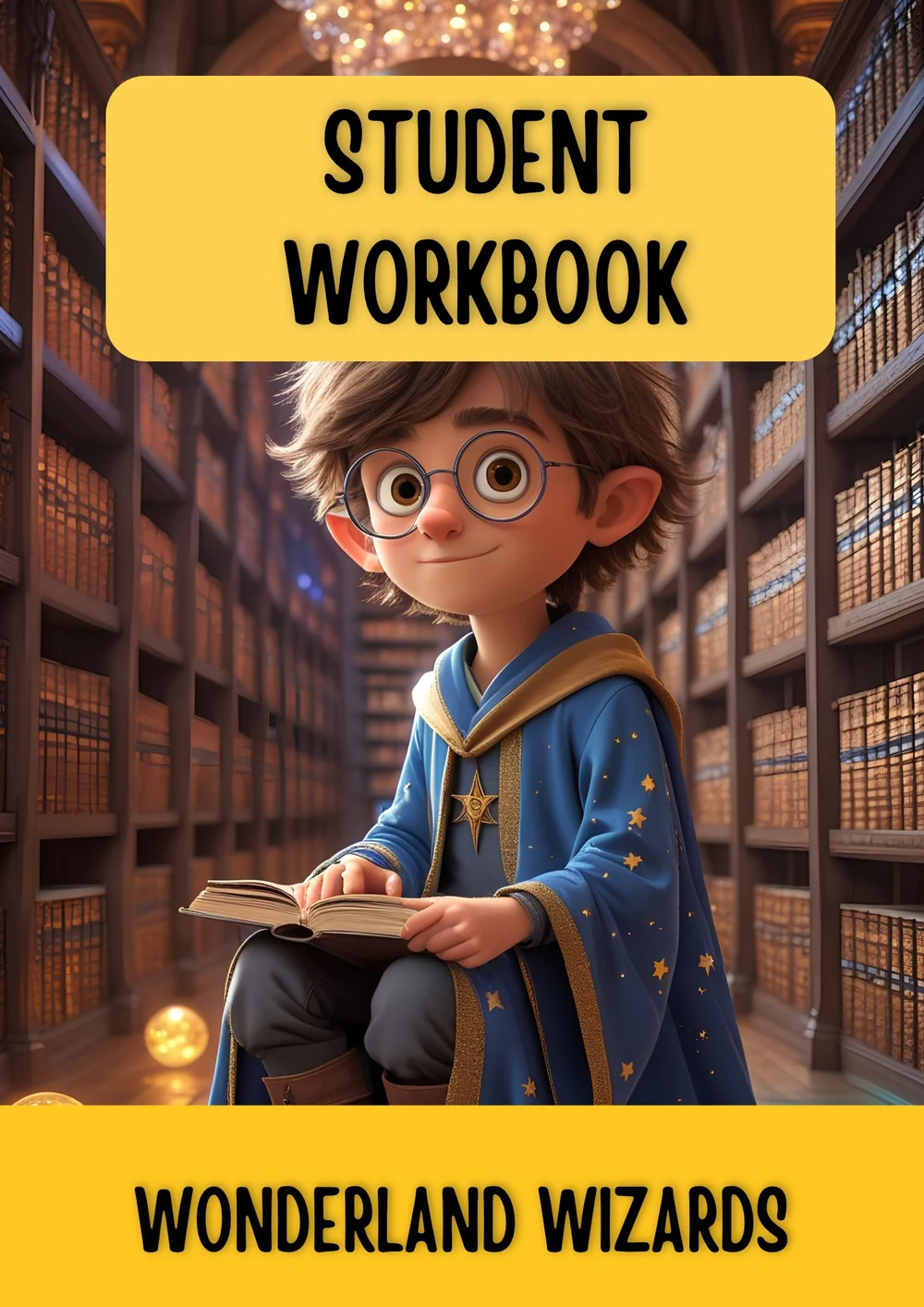 Wonderland Wizards Student Workbook cover showing a young wizard with glasses holding an open book in a library.